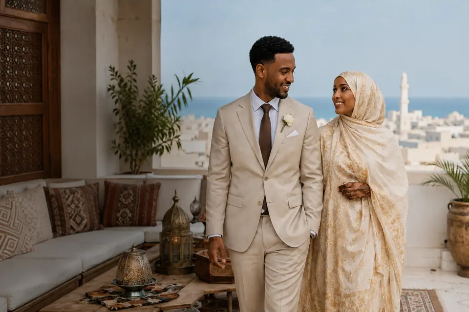 A bride in a gold-embroidered dirac on a rooftop overlooking the Indian Ocean in Mogadishu.